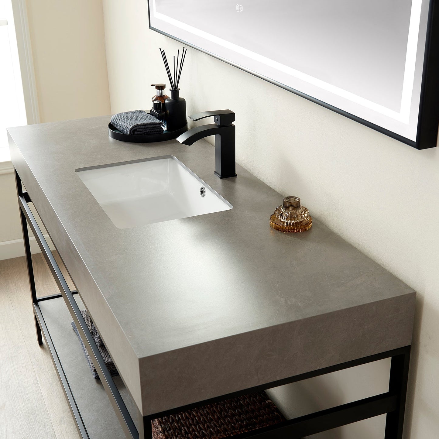Funes 60" Single Sink Bath Vanity in Matte Black Metal Support with Grey Sintered Stone Top