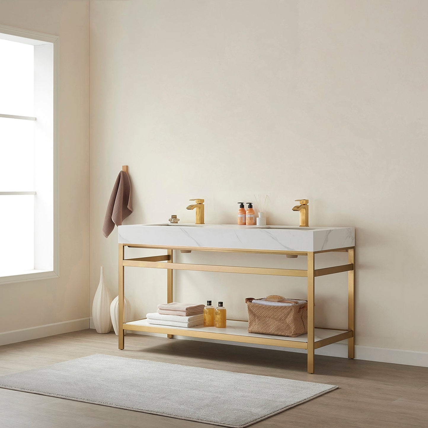 Funes 60M" Double Sink Bath Vanity in Brushed Gold Metal Support with White Sintered Stone Top