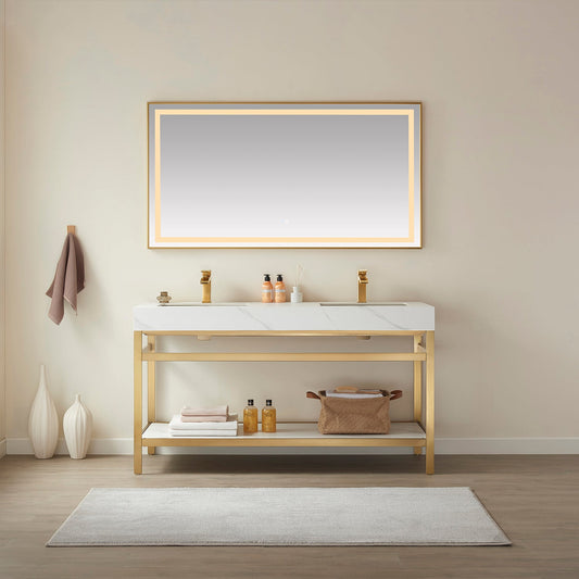 Funes 60M" Double Sink Bath Vanity in Brushed Gold Metal Support with White Sintered Stone Top