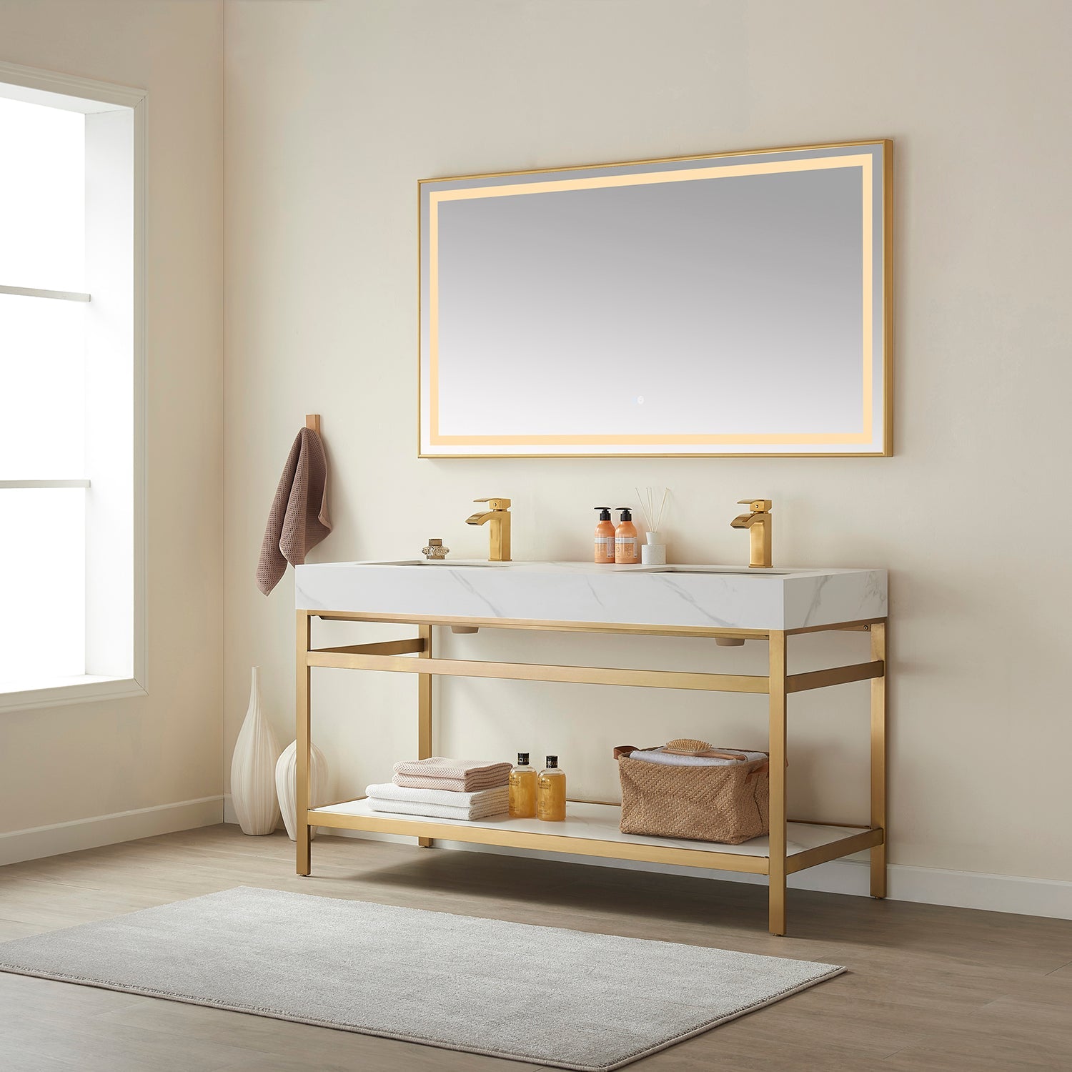 Funes 60M" Double Sink Bath Vanity in Brushed Gold Metal Support with White Sintered Stone Top