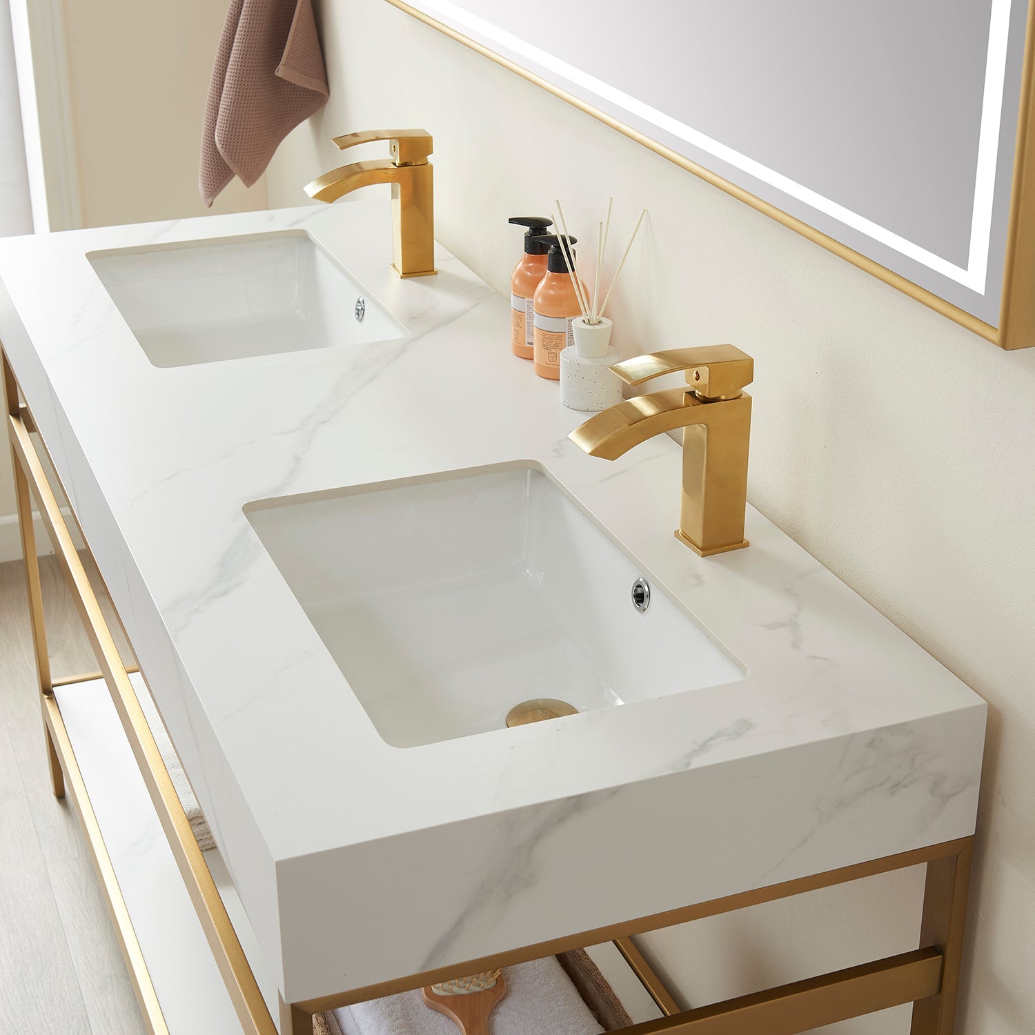 Funes 60M" Double Sink Bath Vanity in Brushed Gold Metal Support with White Sintered Stone Top