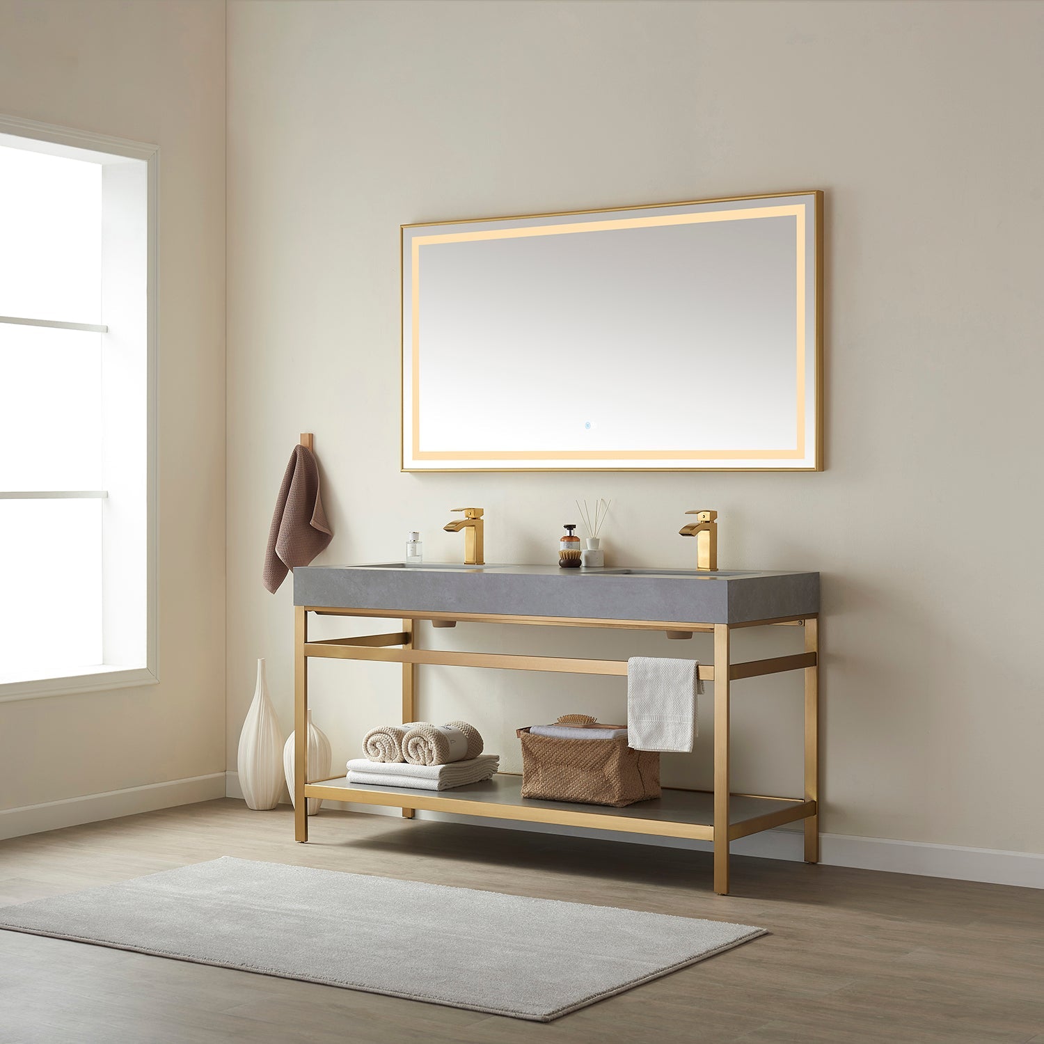 Funes 60M" Double Sink Bath Vanity in Brushed Gold Metal Support with Grey Sintered Stone Top