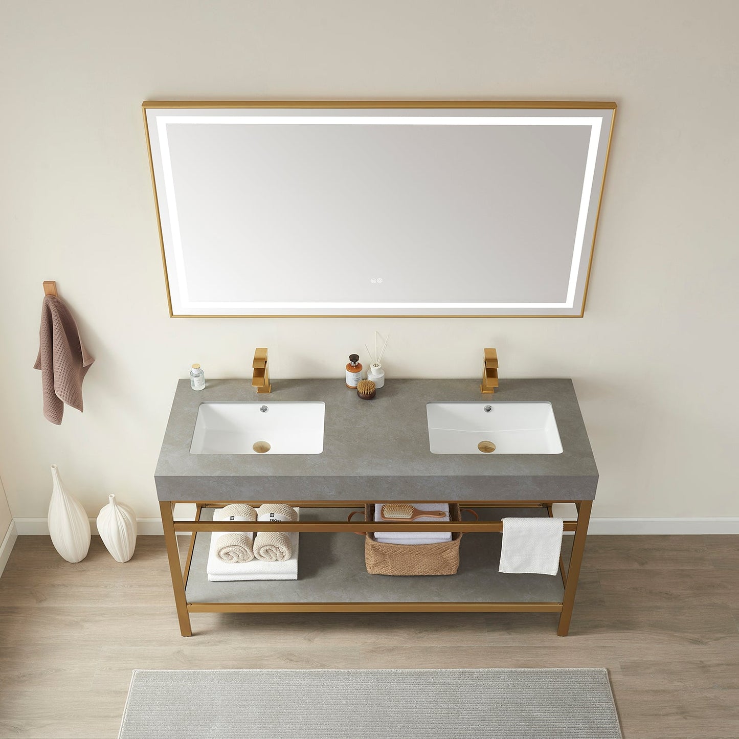 Funes 60M" Double Sink Bath Vanity in Brushed Gold Metal Support with Grey Sintered Stone Top