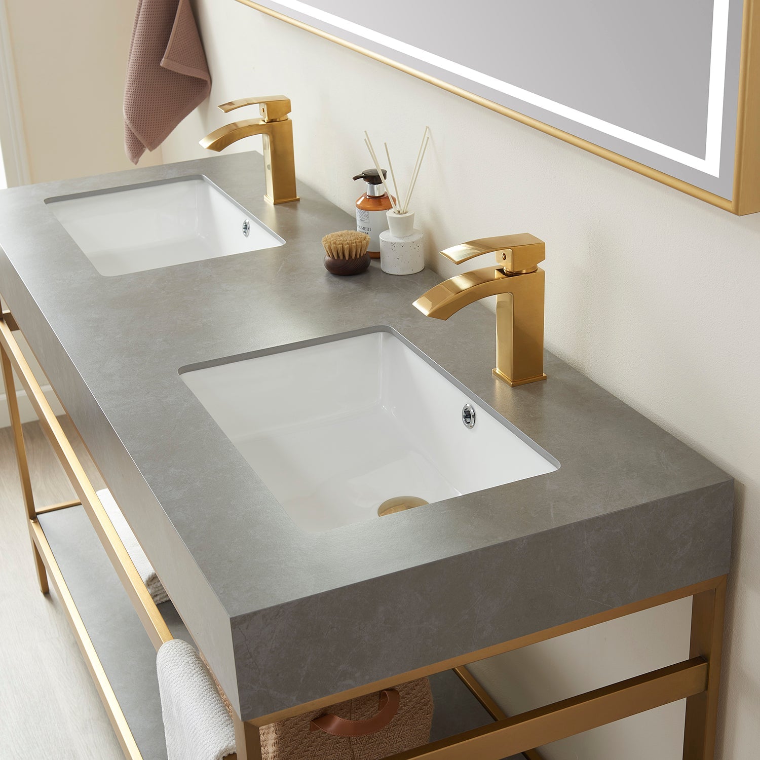 Funes 60M" Double Sink Bath Vanity in Brushed Gold Metal Support with Grey Sintered Stone Top