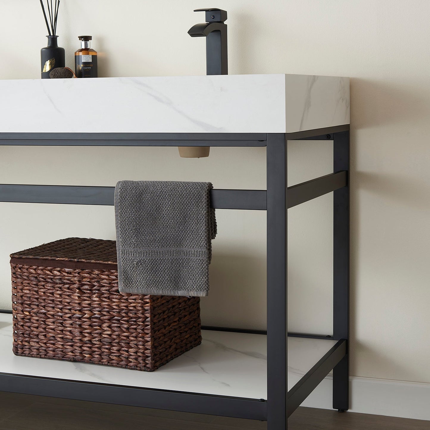 Funes 60M" Double Sink Bath Vanity in Matte Black Metal Support with White Sintered Stone Top