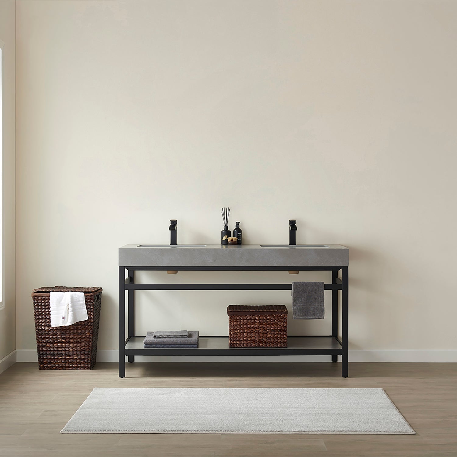 Funes 60M" Double Sink Bath Vanity in Matte Black Metal Support with Grey Sintered Stone Top