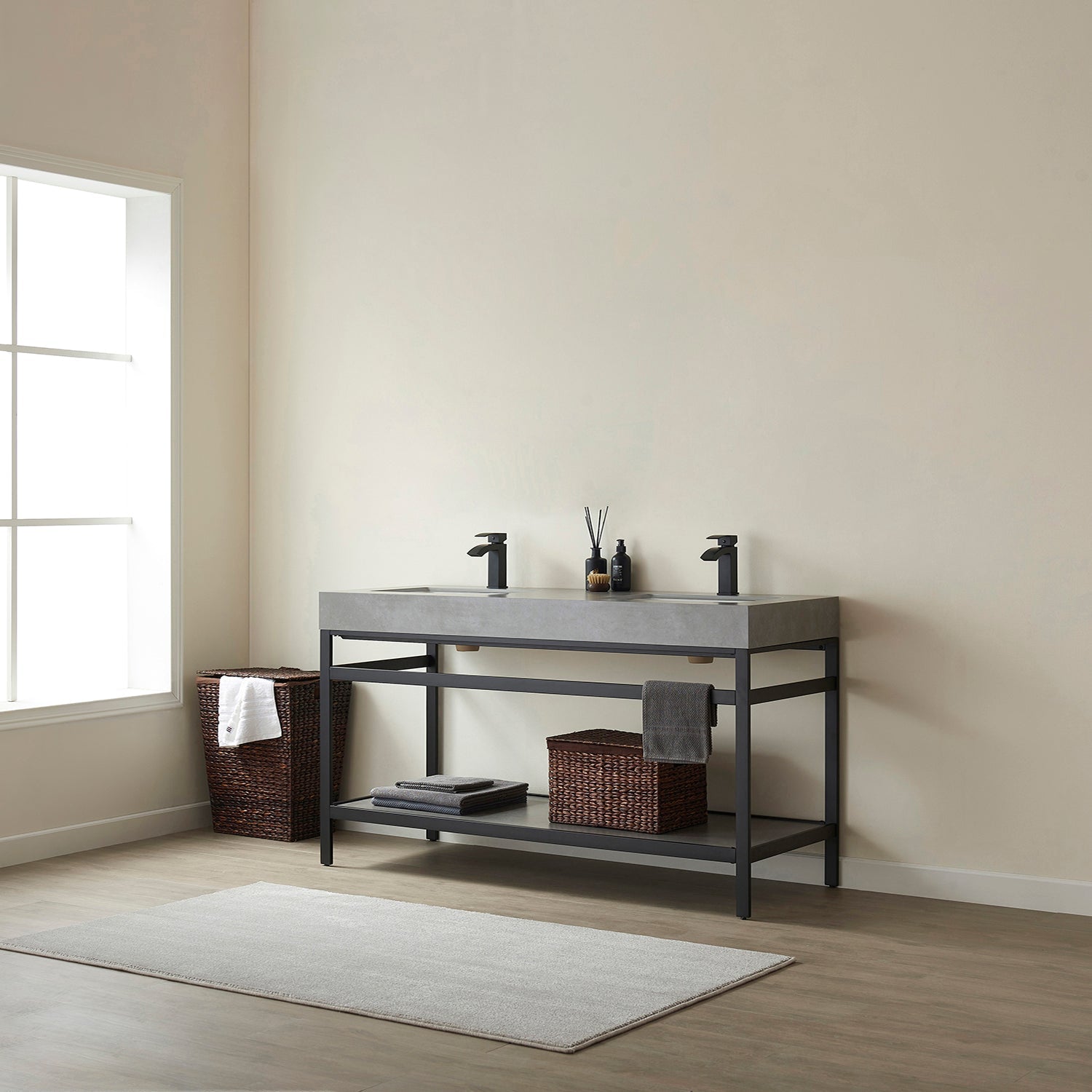 Funes 60M" Double Sink Bath Vanity in Matte Black Metal Support with Grey Sintered Stone Top