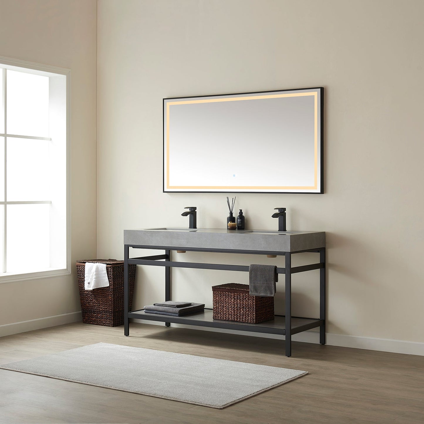 Funes 60M" Double Sink Bath Vanity in Matte Black Metal Support with Grey Sintered Stone Top