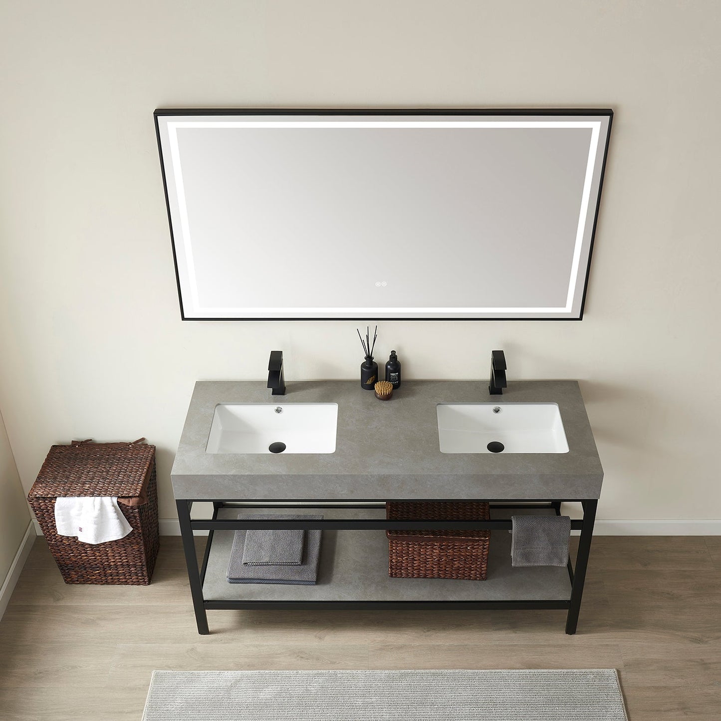 Funes 60M" Double Sink Bath Vanity in Matte Black Metal Support with Grey Sintered Stone Top