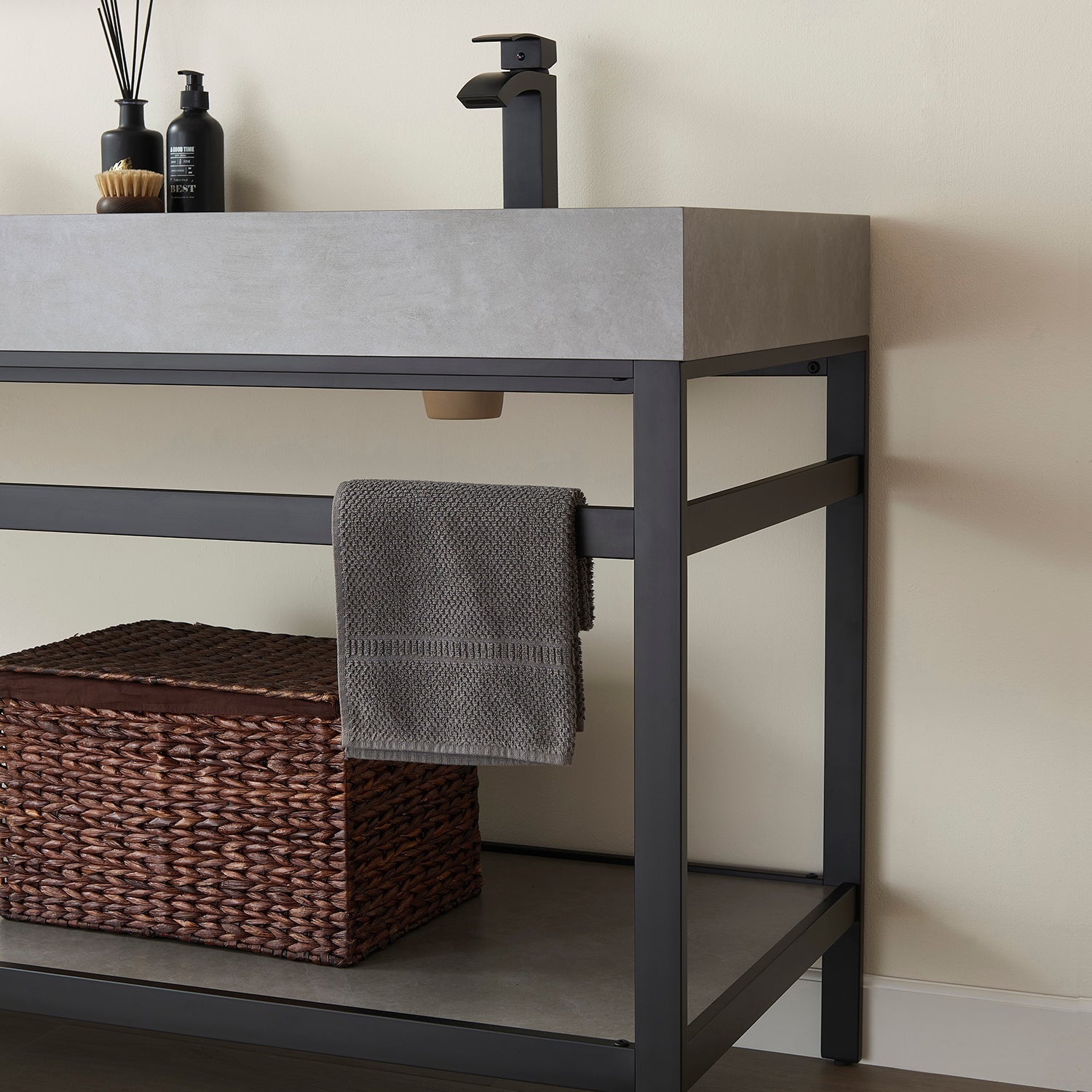 Funes 60M" Double Sink Bath Vanity in Matte Black Metal Support with Grey Sintered Stone Top