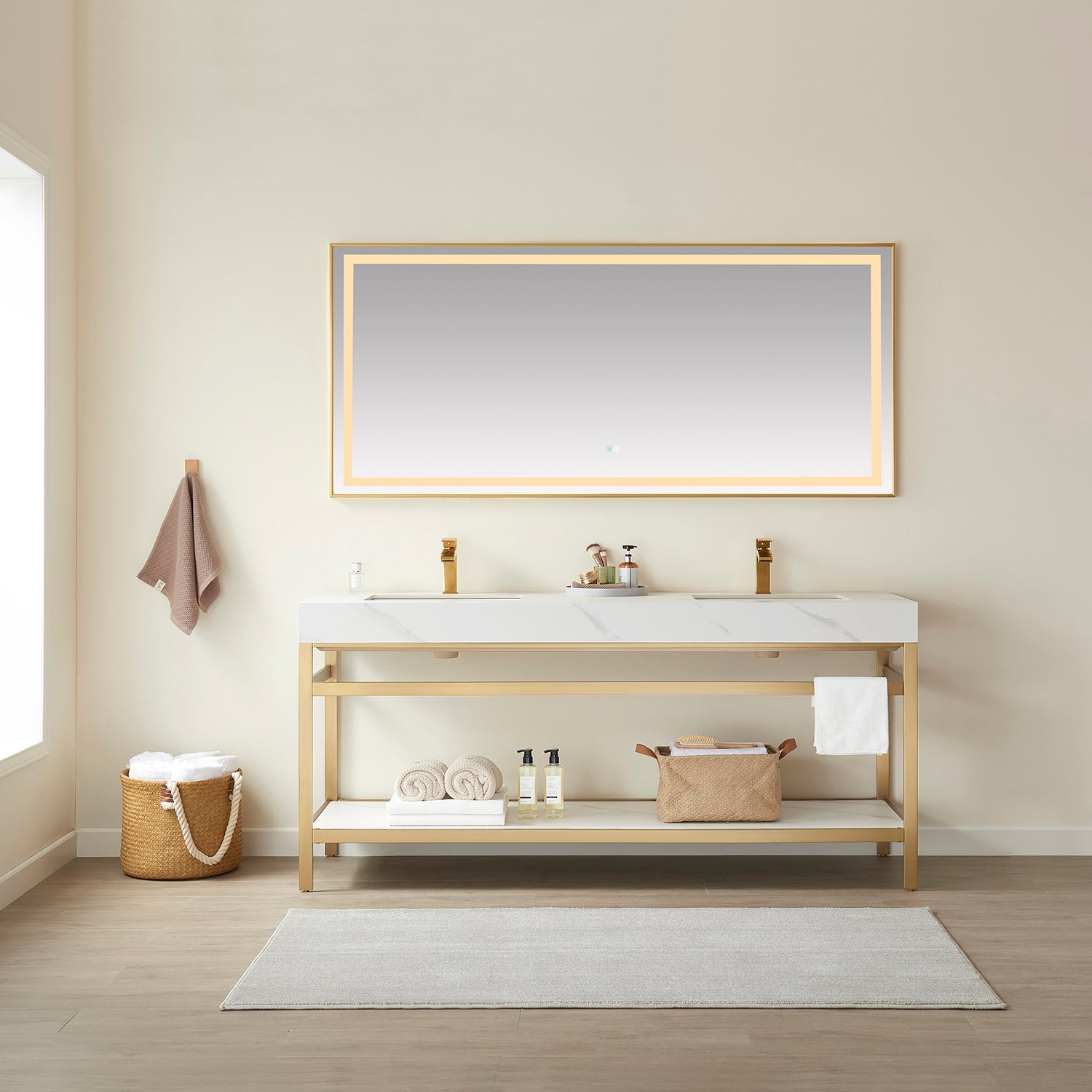 Funes 72" Double Sink Bath Vanity in Brushed Gold Metal Support with White Sintered Stone Top