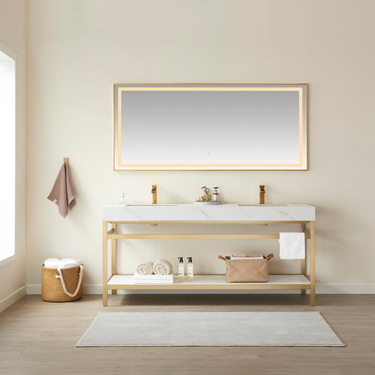 Funes 72" Double Sink Bath Vanity in Brushed Gold Metal Support with White Sintered Stone Top