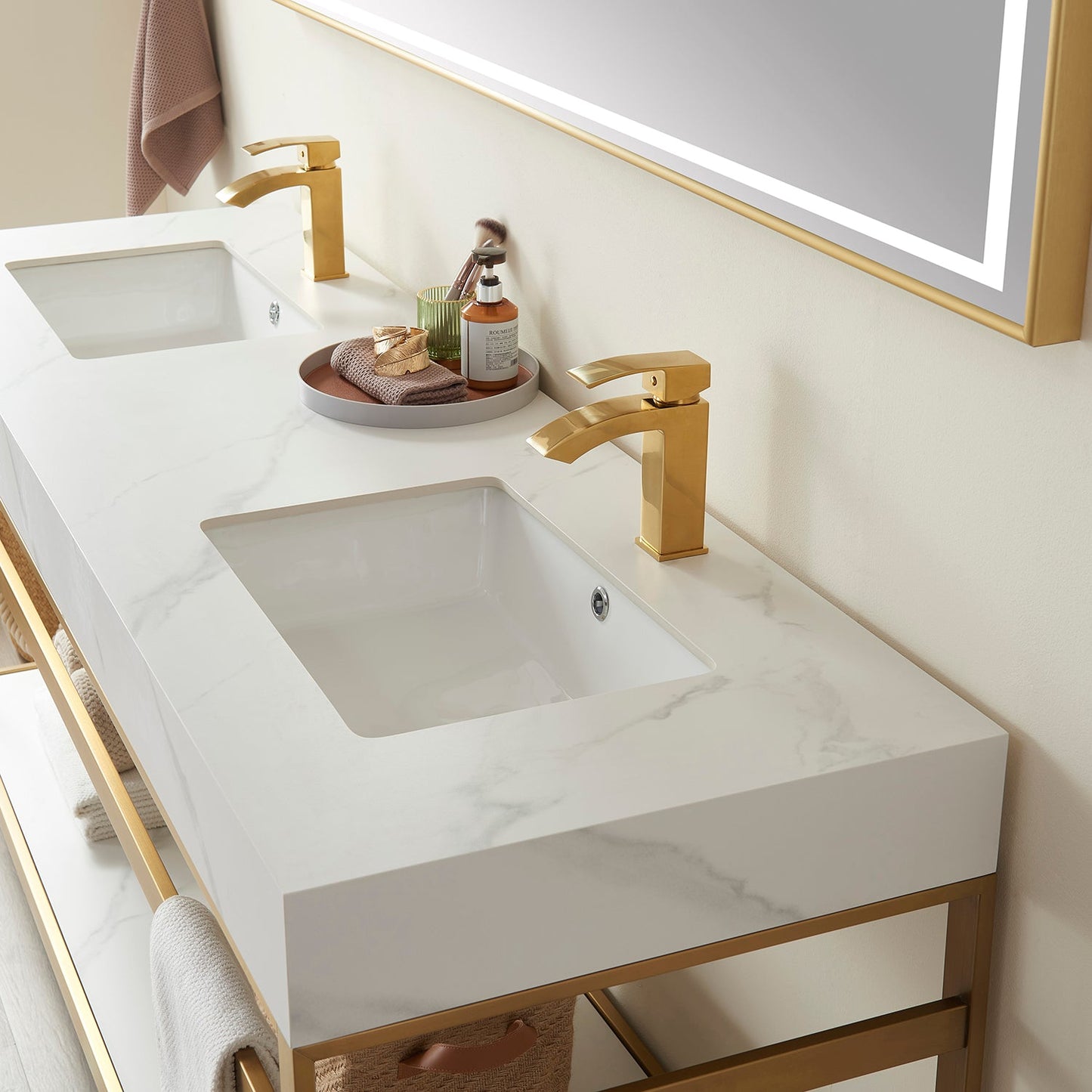 Funes 72" Double Sink Bath Vanity in Brushed Gold Metal Support with White Sintered Stone Top