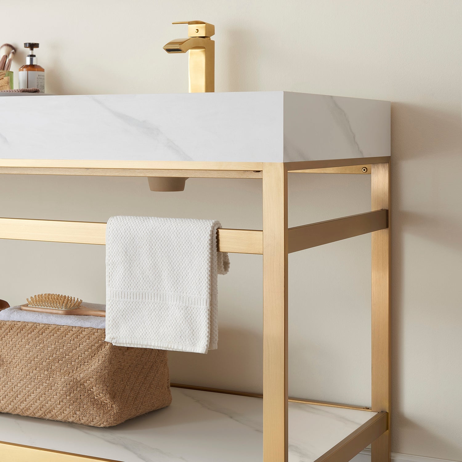 Funes 72" Double Sink Bath Vanity in Brushed Gold Metal Support with White Sintered Stone Top