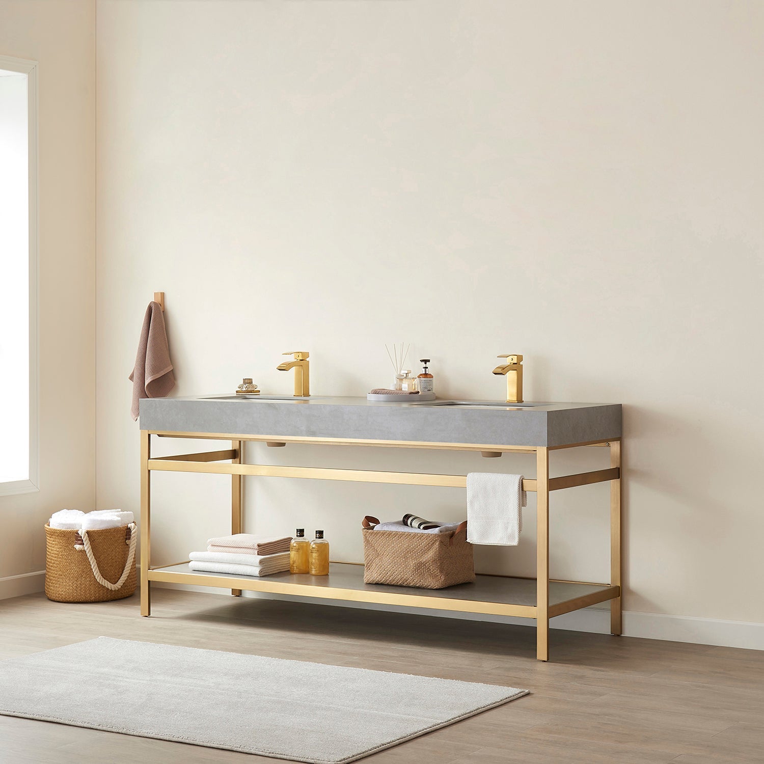 Funes 72" Double Sink Bath Vanity in Brushed Gold Metal Support with Grey Sintered Stone Top