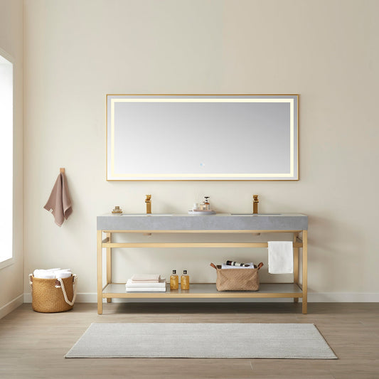 Funes 72" Double Sink Bath Vanity in Brushed Gold Metal Support with Grey Sintered Stone Top