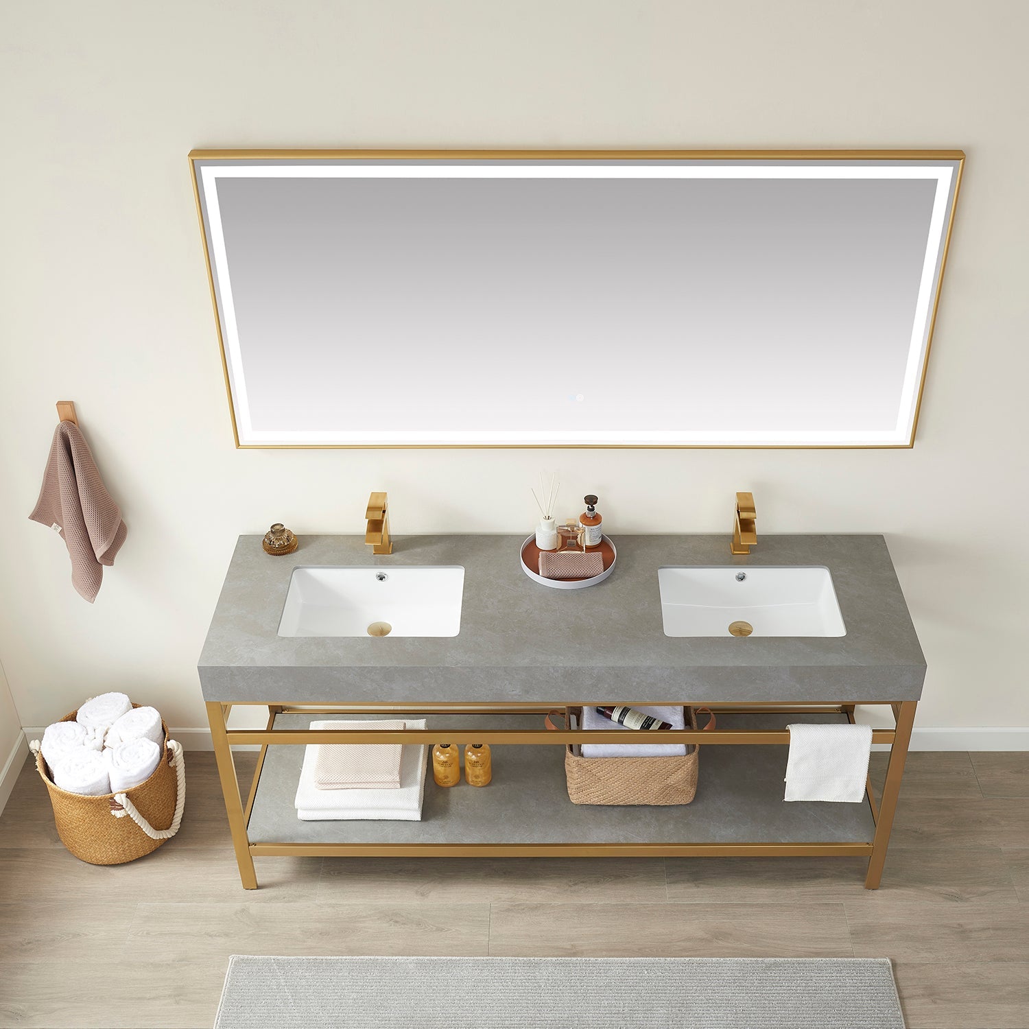 Funes 72" Double Sink Bath Vanity in Brushed Gold Metal Support with Grey Sintered Stone Top