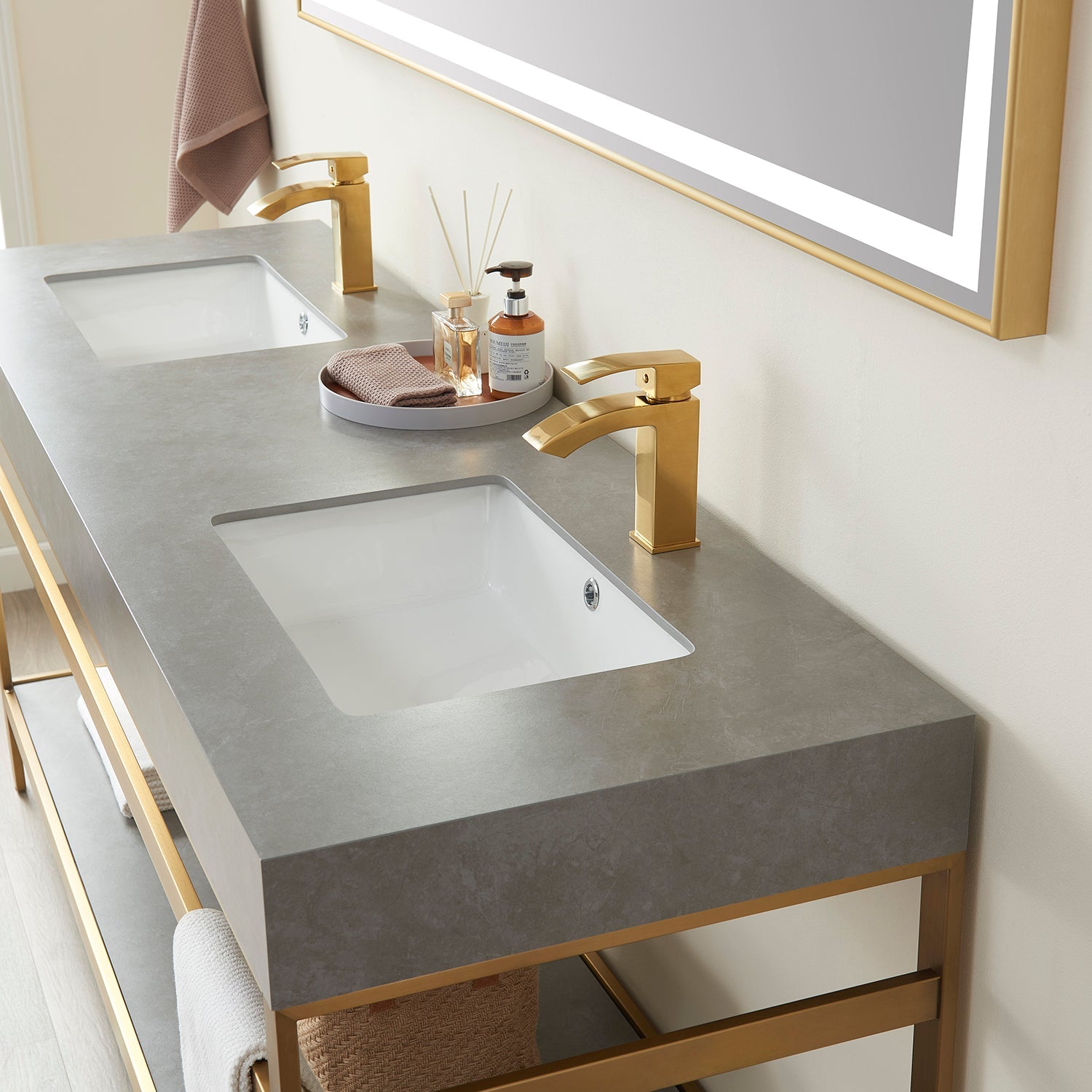 Funes 72" Double Sink Bath Vanity in Brushed Gold Metal Support with Grey Sintered Stone Top