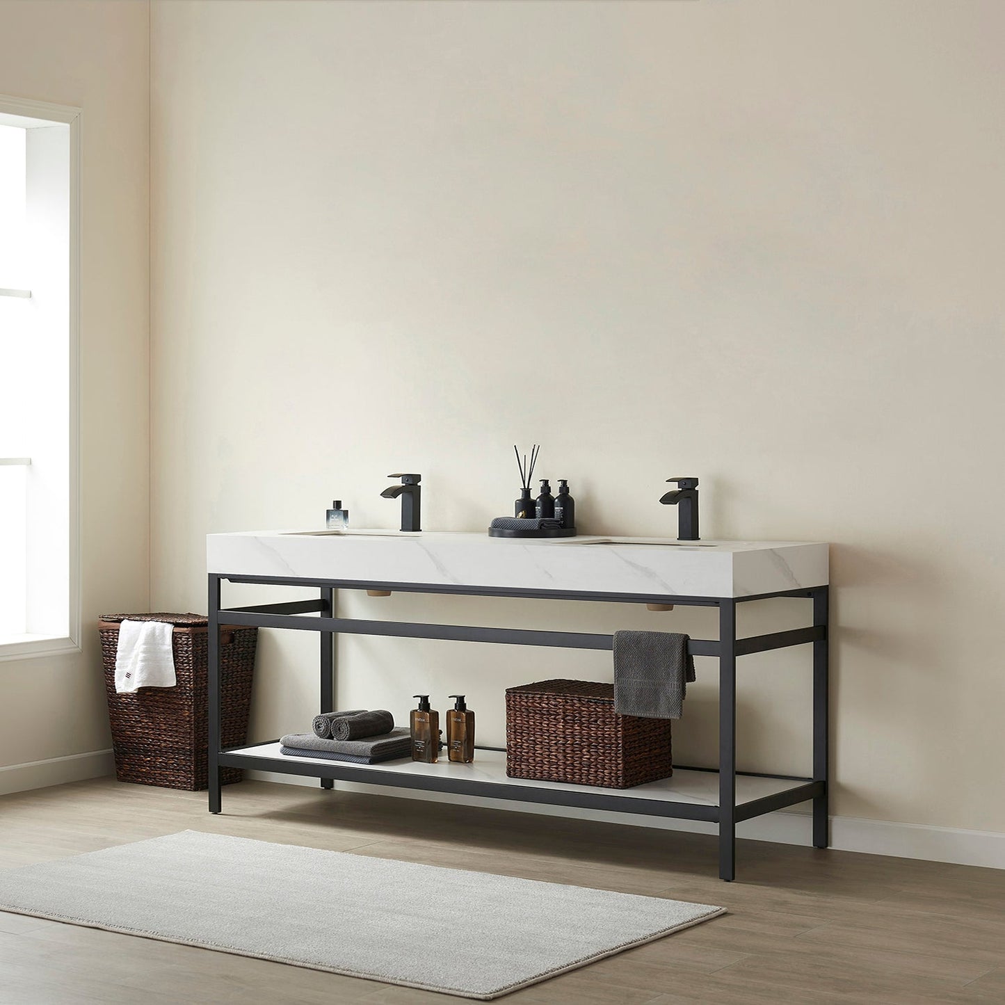 Funes 72" Double Sink Bath Vanity in Matte Black Metal Support with White Sintered Stone Top