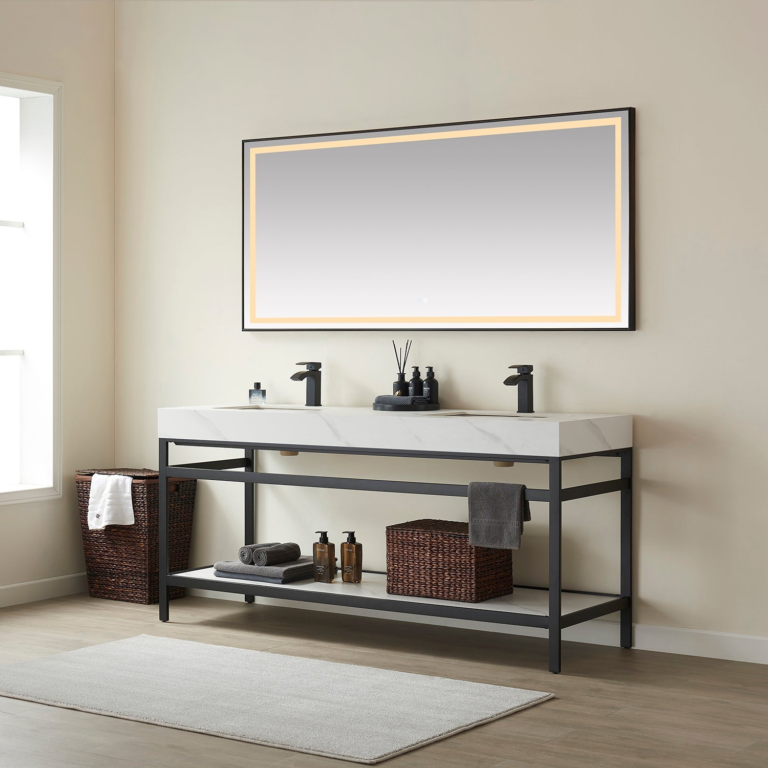 Funes 72" Double Sink Bath Vanity in Matte Black Metal Support with White Sintered Stone Top