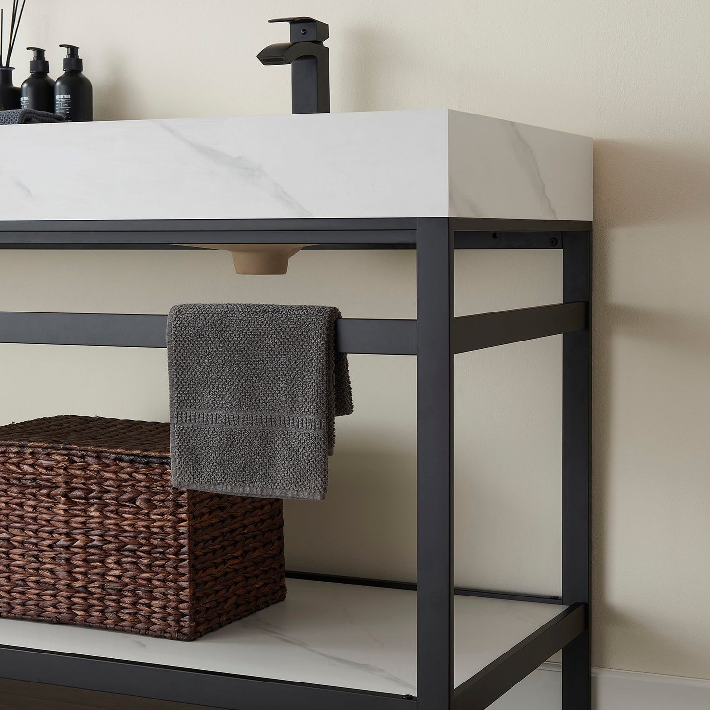 Funes 72" Double Sink Bath Vanity in Matte Black Metal Support with White Sintered Stone Top