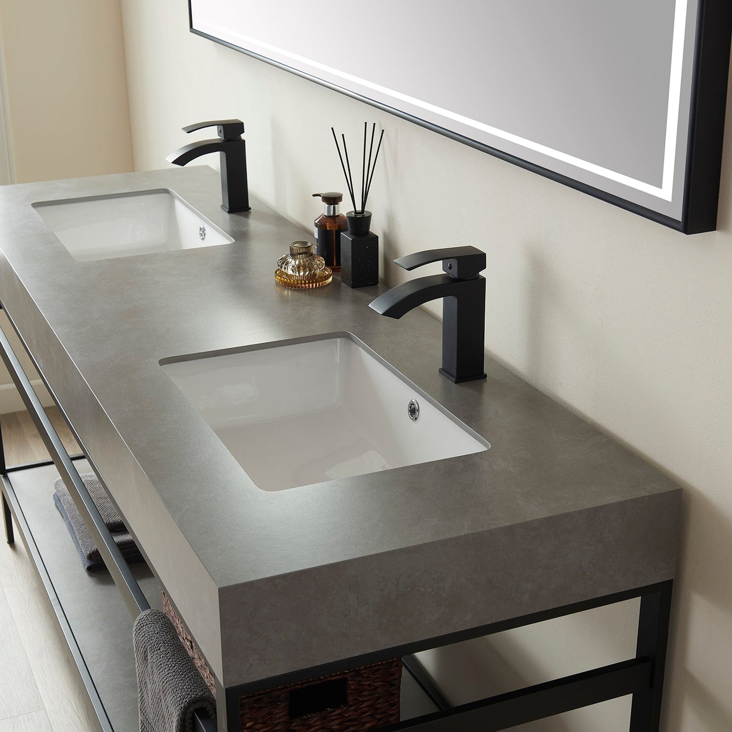 Funes 72" Double Sink Bath Vanity in Matte Black Metal Support with Grey Sintered Stone Top