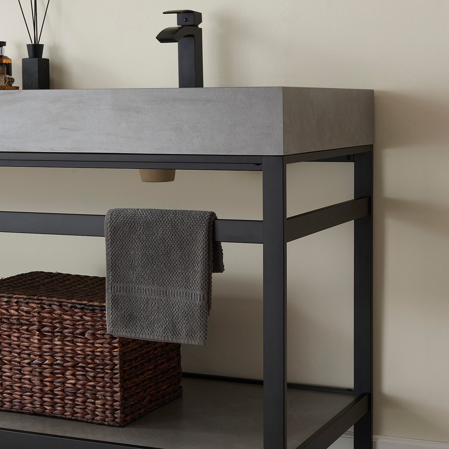 Funes 72" Double Sink Bath Vanity in Matte Black Metal Support with Grey Sintered Stone Top