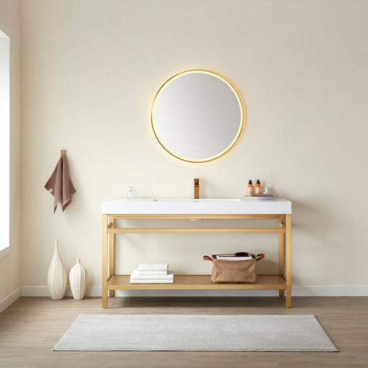 Ablitas Single Sink Bathroom Vanity in Brushed Gold Metal Support and White One-Piece Composite Stone Sink Top