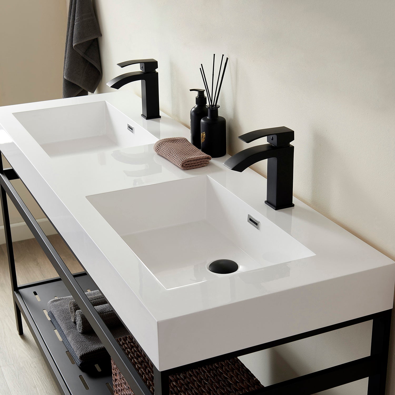 Ablitas Double Sink Bathroom Vanity with Metal Support and White Composite Stone Sink Top