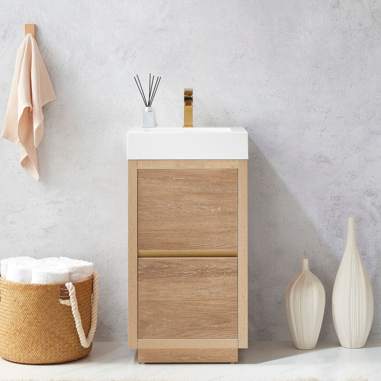 Huesca 18" Single Sink Bath Vanity in North American Oak with White Composite Integral Square Sink Top