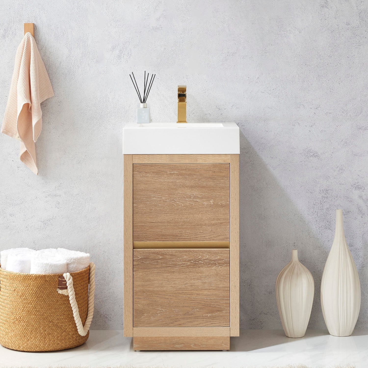 Huesca 18" Single Sink Bath Vanity in North American Oak with White Composite Integral Square Sink Top