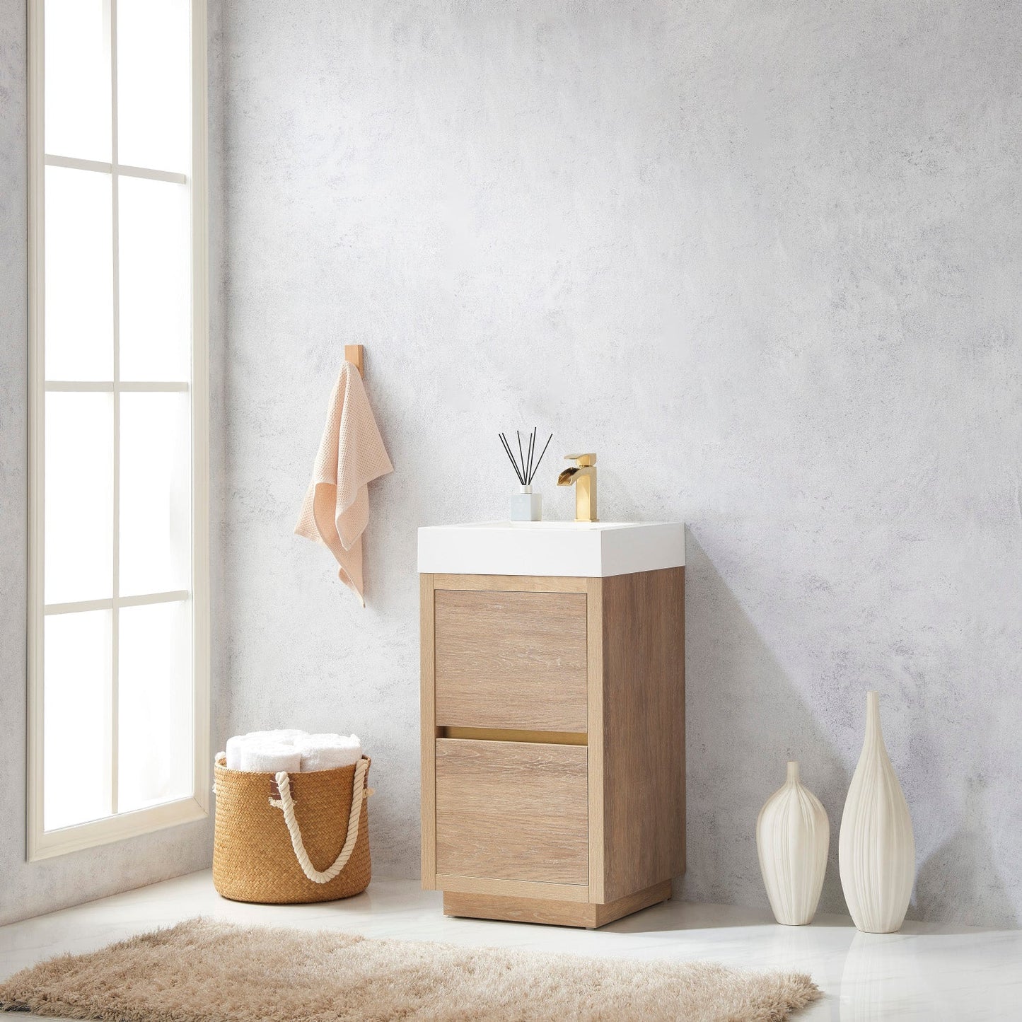 Huesca 18" Single Sink Bath Vanity in North American Oak with White Composite Integral Square Sink Top