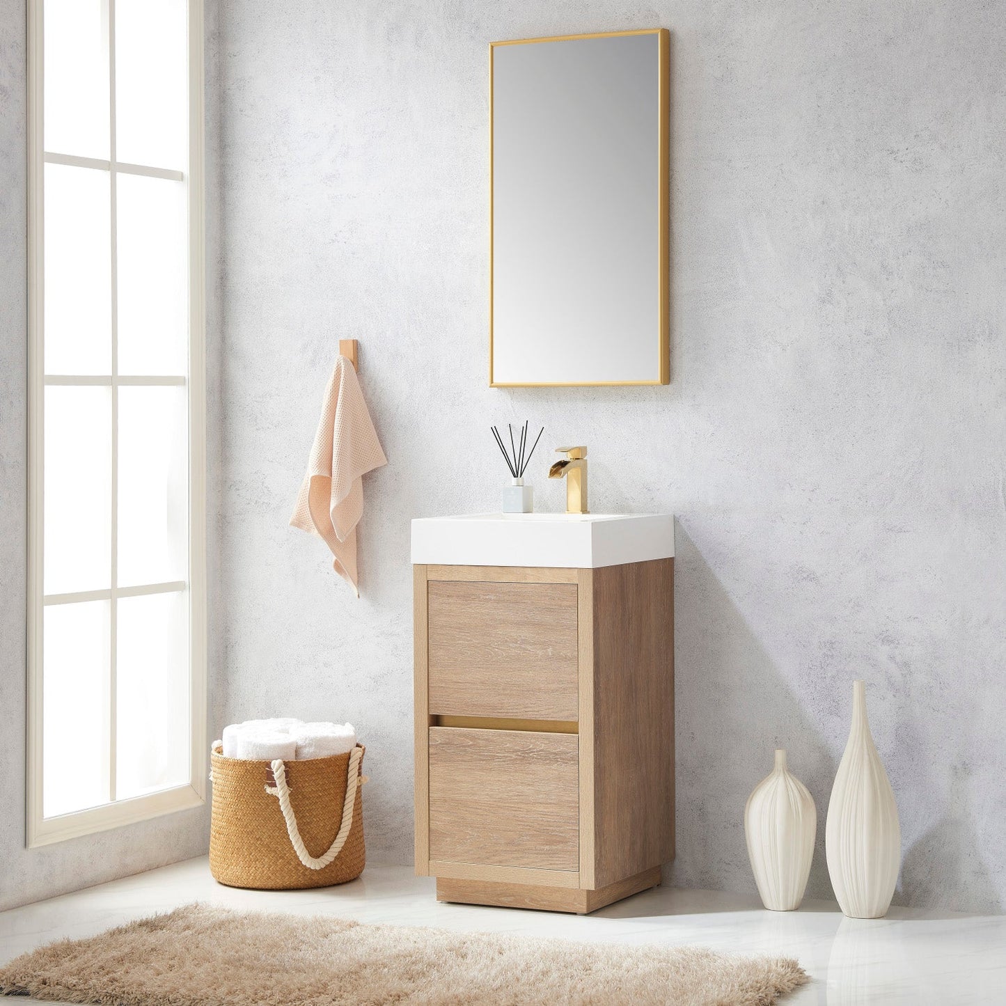 Huesca 18" Single Sink Bath Vanity in North American Oak with White Composite Integral Square Sink Top
