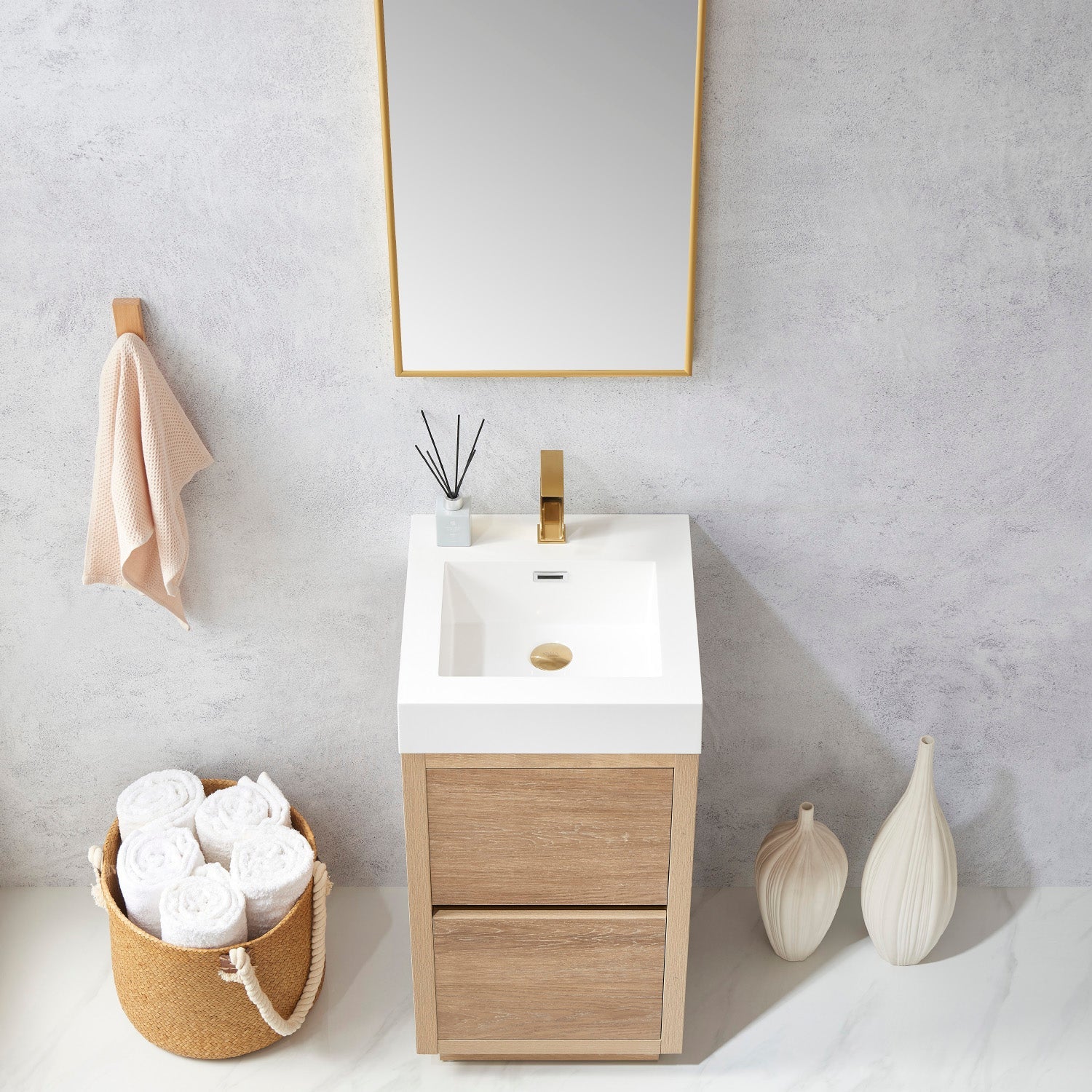Huesca 18" Single Sink Bath Vanity in North American Oak with White Composite Integral Square Sink Top