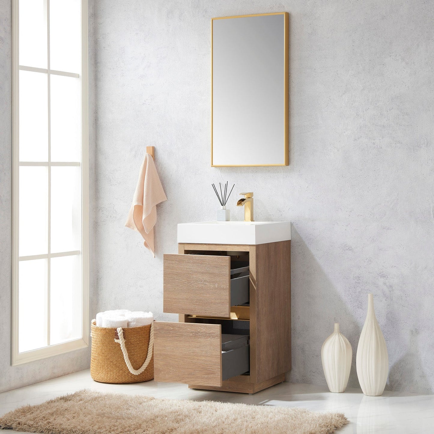 Huesca 18" Single Sink Bath Vanity in North American Oak with White Composite Integral Square Sink Top