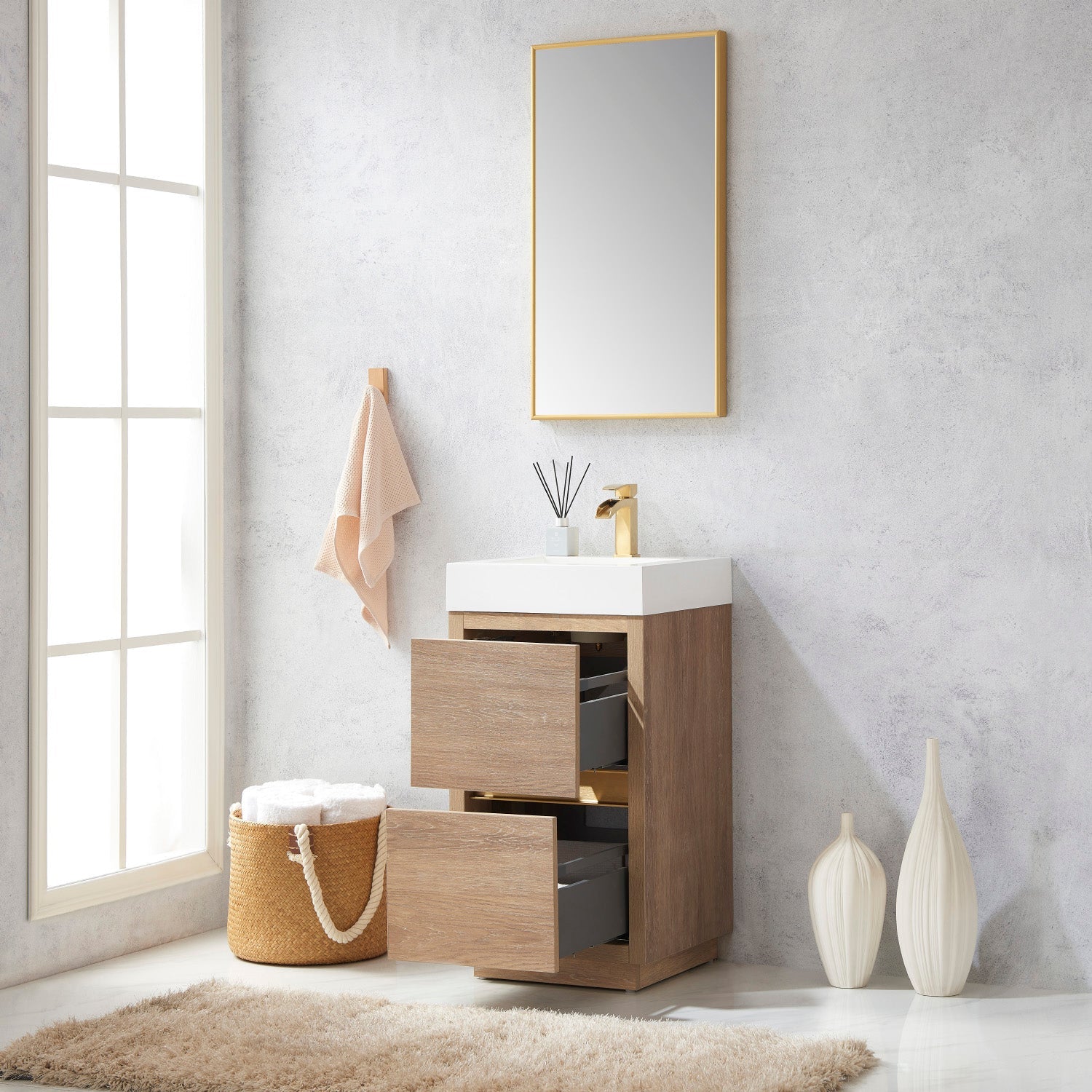 Huesca 18" Single Sink Bath Vanity in North American Oak with White Composite Integral Square Sink Top