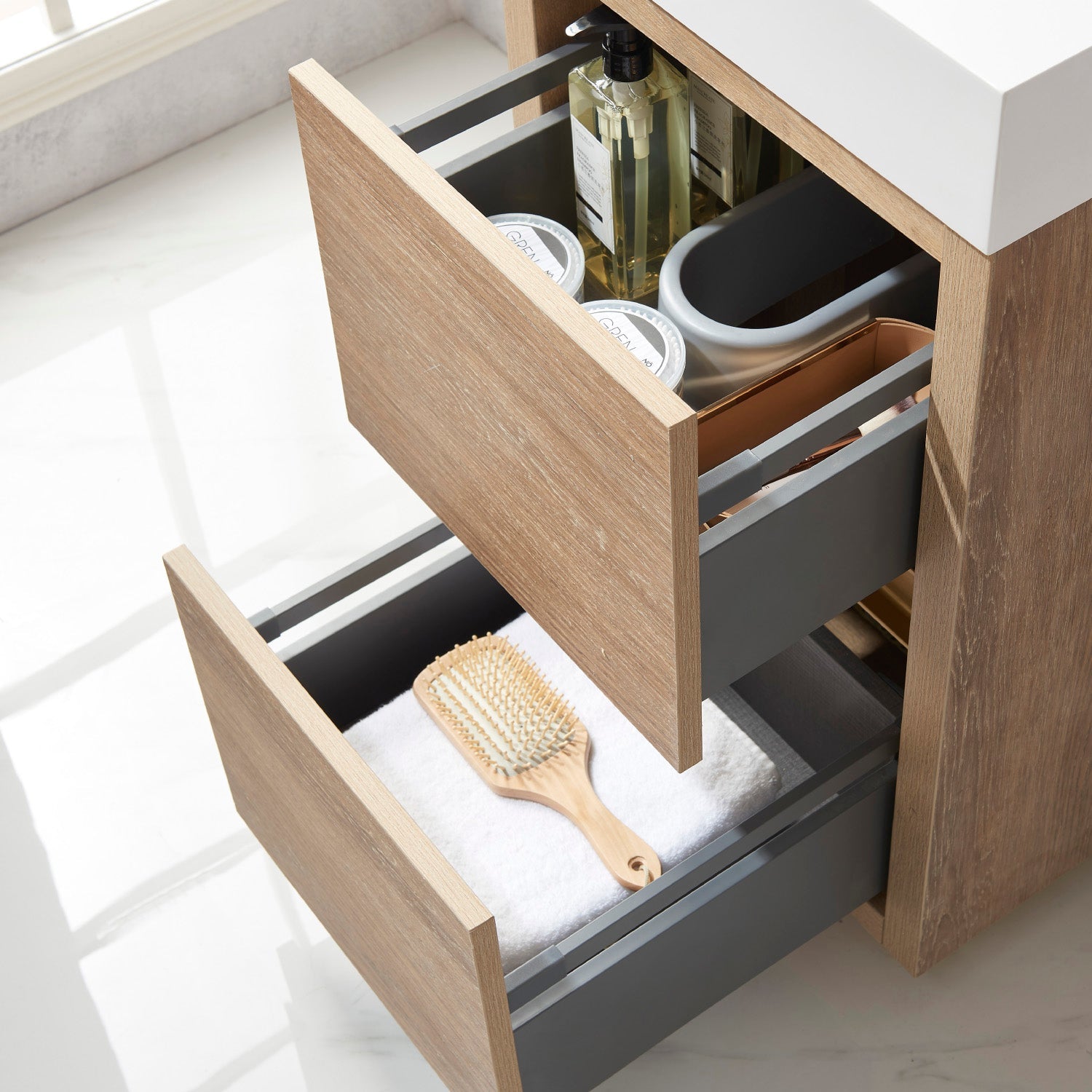 Huesca 18" Single Sink Bath Vanity in North American Oak with White Composite Integral Square Sink Top