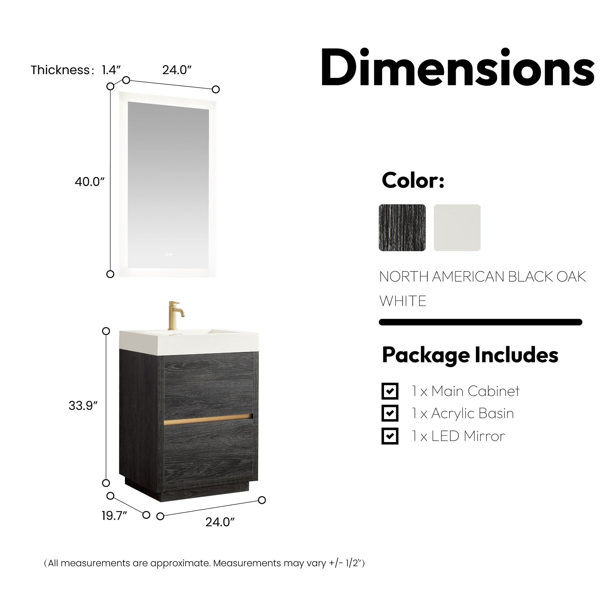 Huesca 24" Single Sink Bath Vanity in North American Black Oak with White Composite Integral Square Sink Top