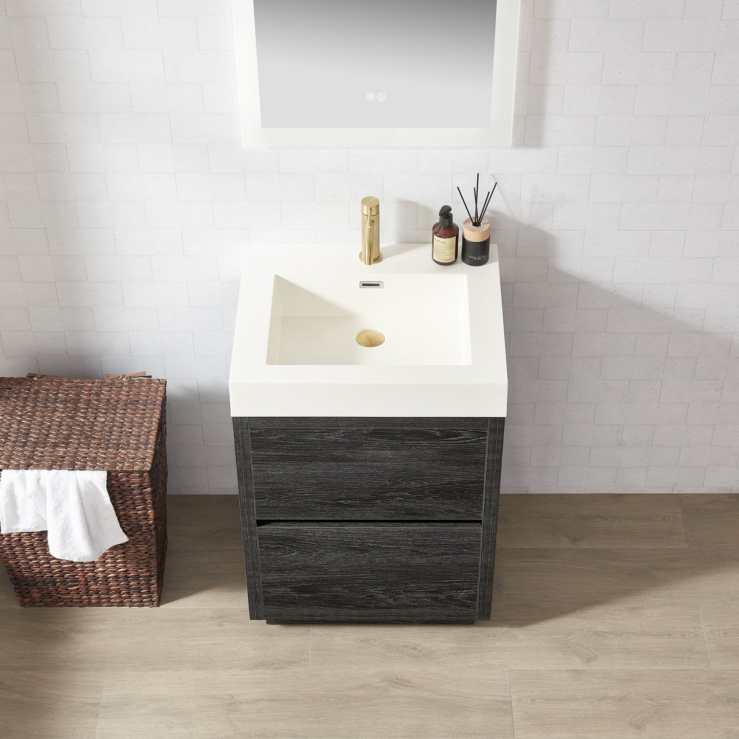 Huesca 24" Single Sink Bath Vanity in North American Black Oak with White Composite Integral Square Sink Top