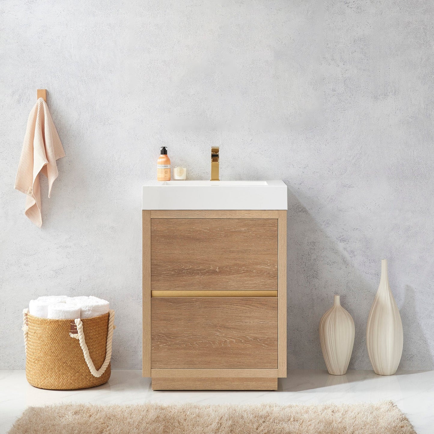 Huesca 24" Single Sink Bath Vanity in North American Oak with White Composite Integral Square Sink Top