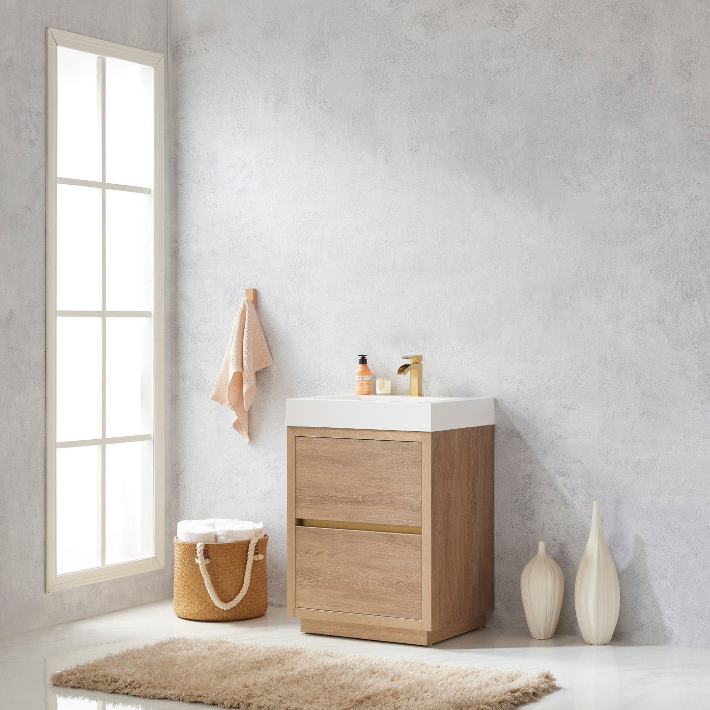 Huesca 24" Single Sink Bath Vanity in North American Oak with White Composite Integral Square Sink Top