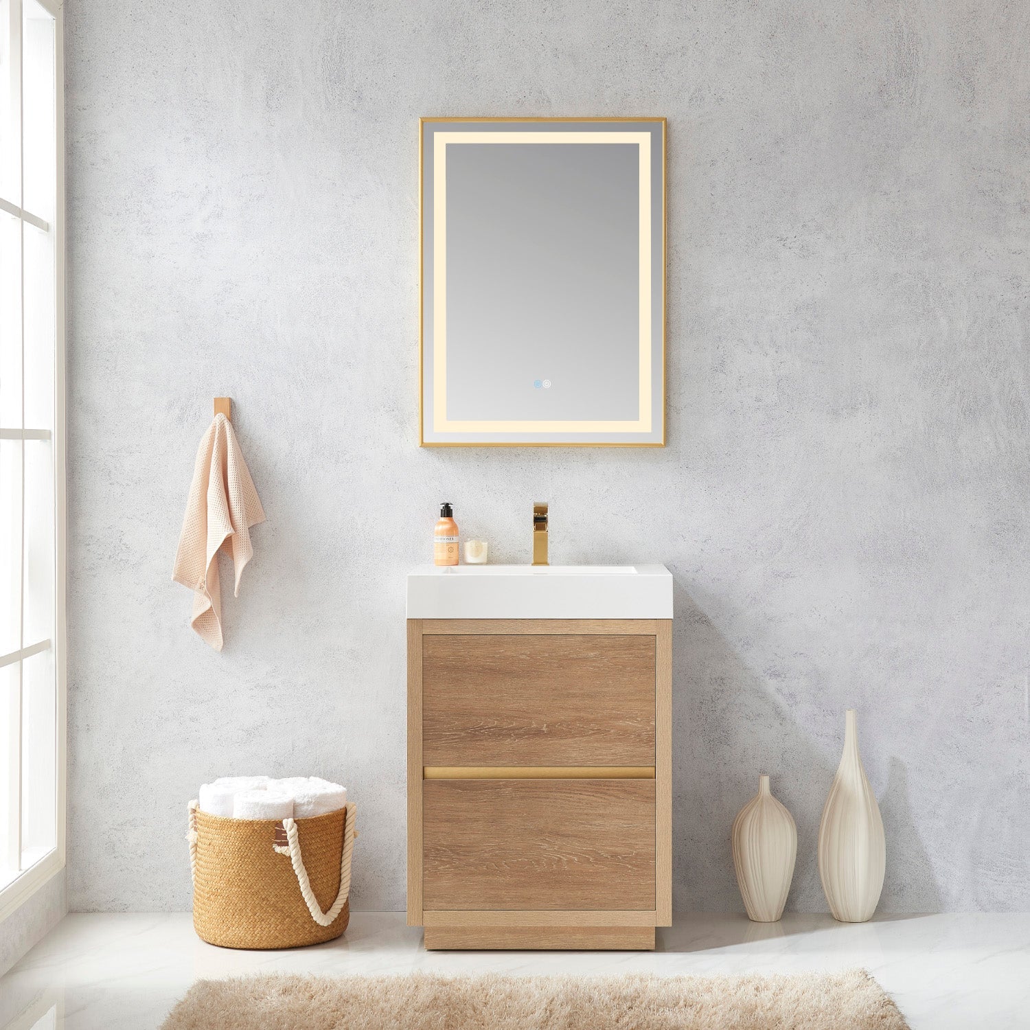 Huesca 24" Single Sink Bath Vanity in North American Oak with White Composite Integral Square Sink Top