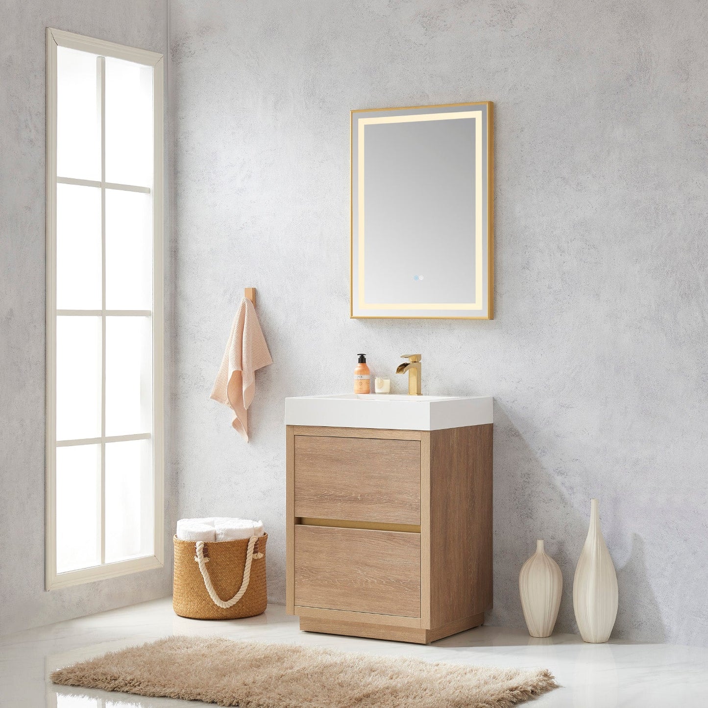 Huesca 24" Single Sink Bath Vanity in North American Oak with White Composite Integral Square Sink Top