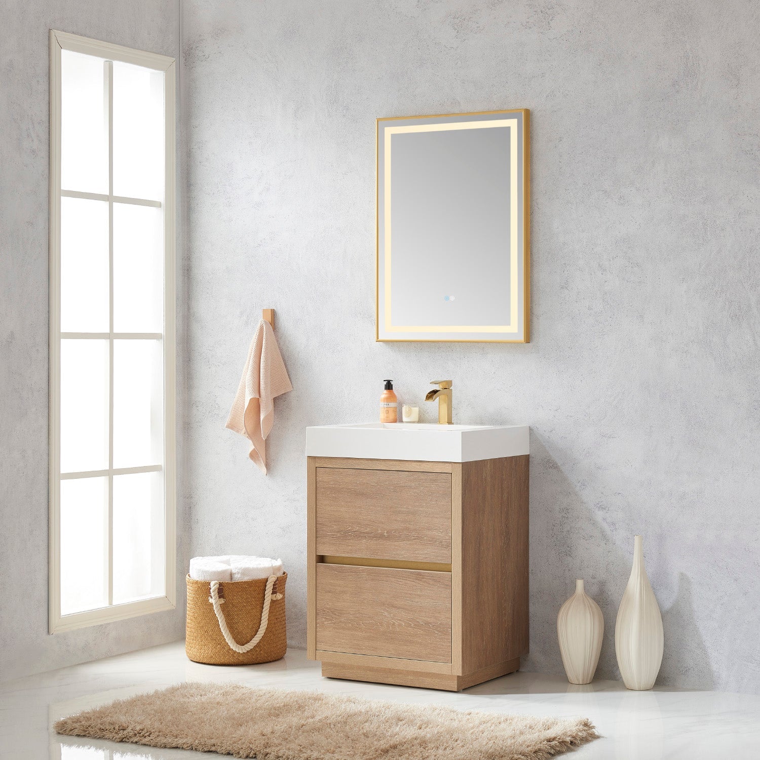 Huesca 24" Single Sink Bath Vanity in North American Oak with White Composite Integral Square Sink Top