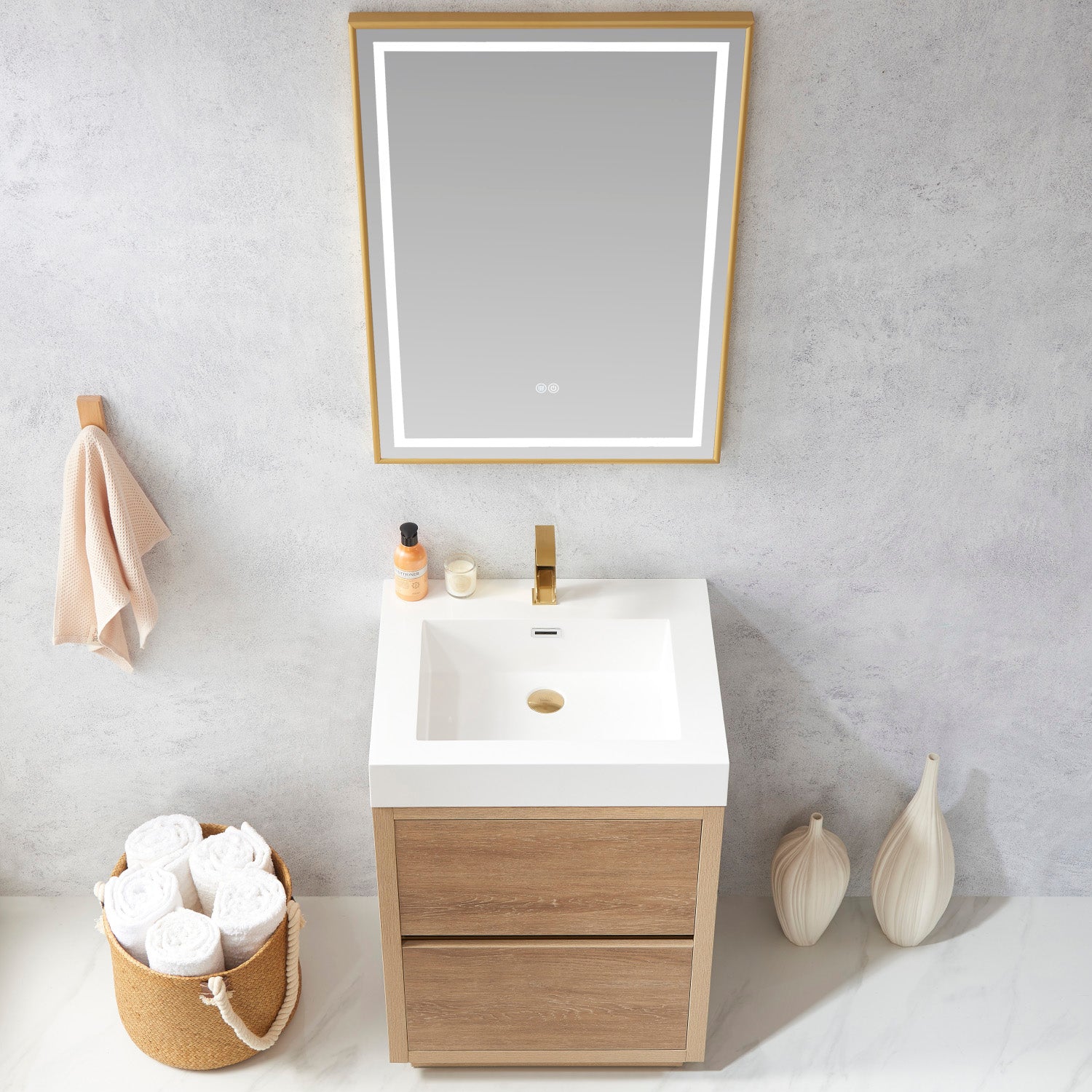 Huesca 24" Single Sink Bath Vanity in North American Oak with White Composite Integral Square Sink Top