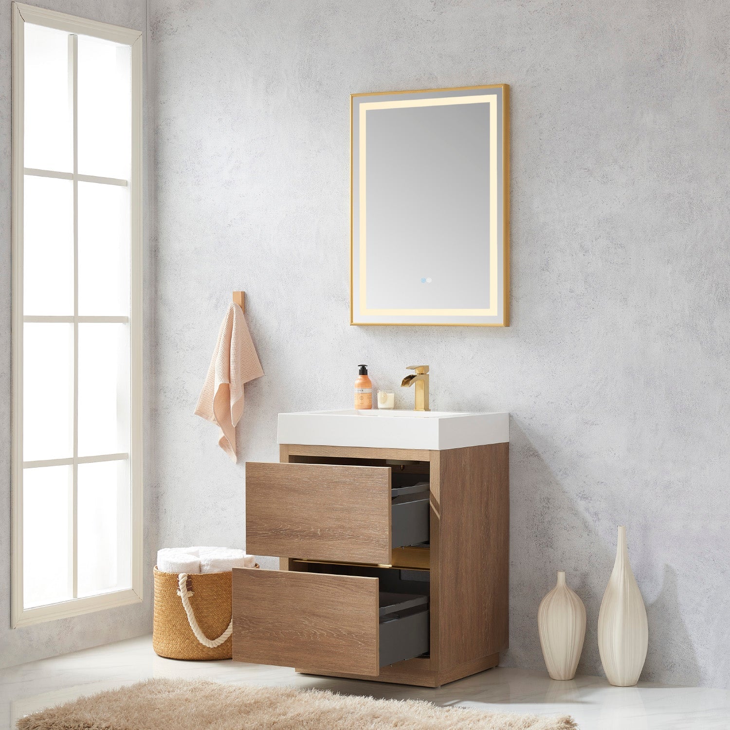 Huesca 24" Single Sink Bath Vanity in North American Oak with White Composite Integral Square Sink Top