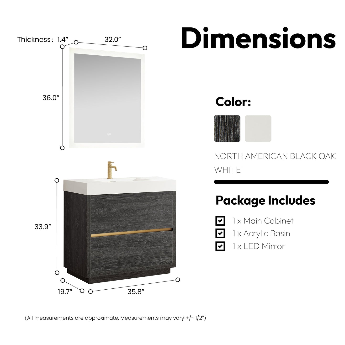 Huesca 36" Single Sink Bath Vanity in North American Black Oak with White Composite Integral Square Sink Top