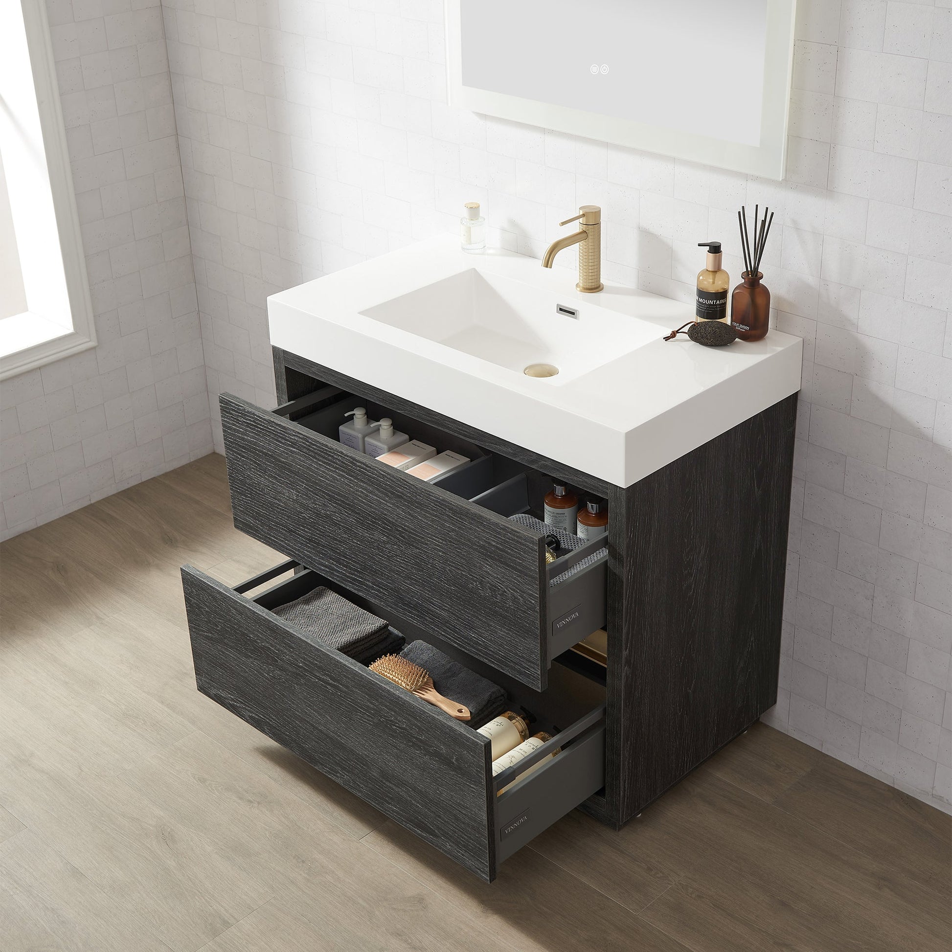 Huesca 36" Single Sink Bath Vanity in North American Black Oak with White Composite Integral Square Sink Top