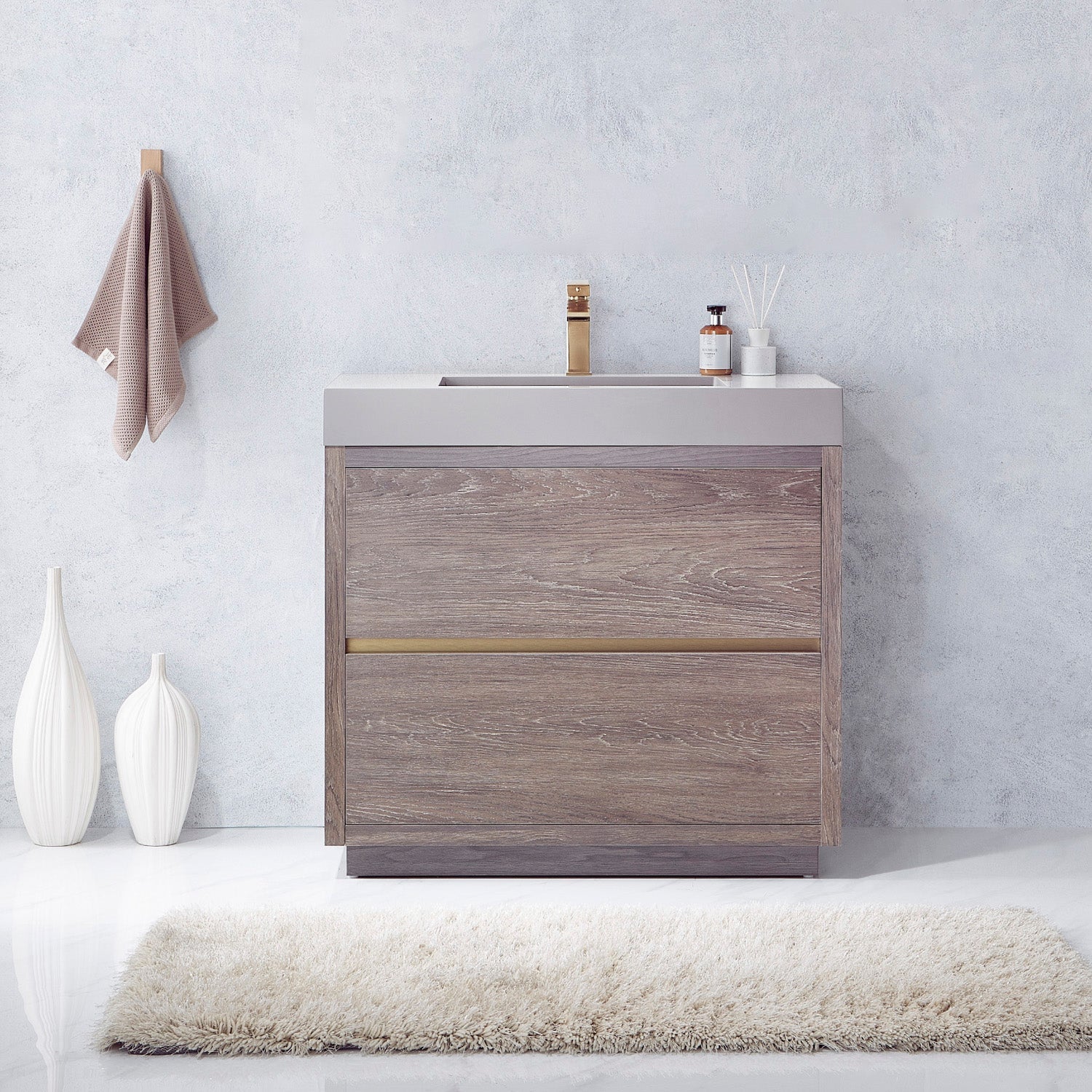 Huesca 36" Single Sink Bath Vanity in North Carolina Oak with Grey Composite Integral Square Sink Top