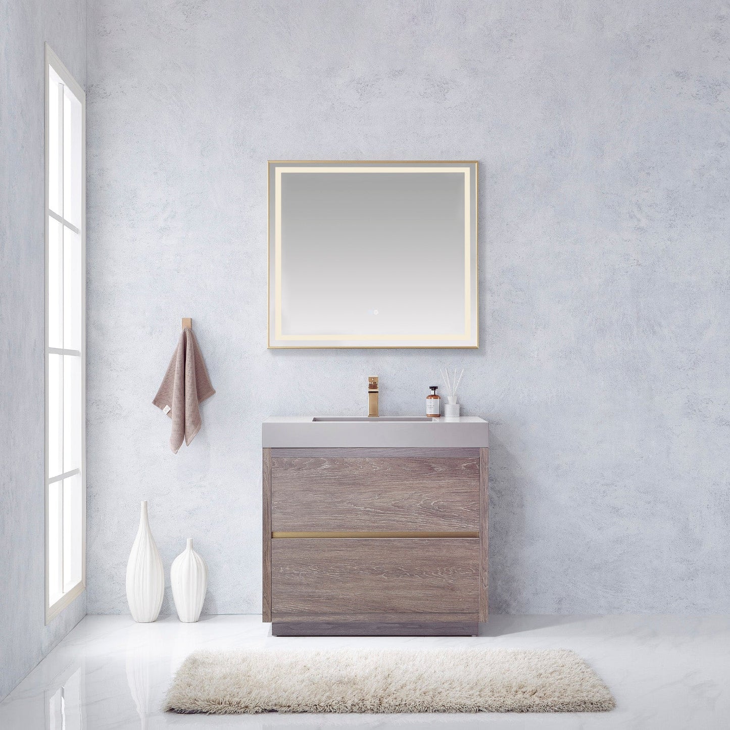 Huesca 36" Single Sink Bath Vanity in North Carolina Oak with Grey Composite Integral Square Sink Top